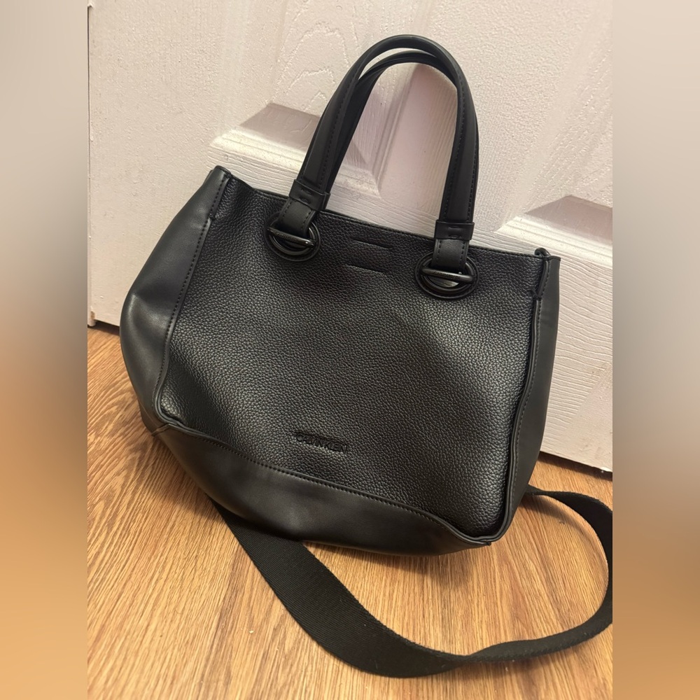 Calvin Klein Black Leather Tote Bag with Detachable Strap - EUC